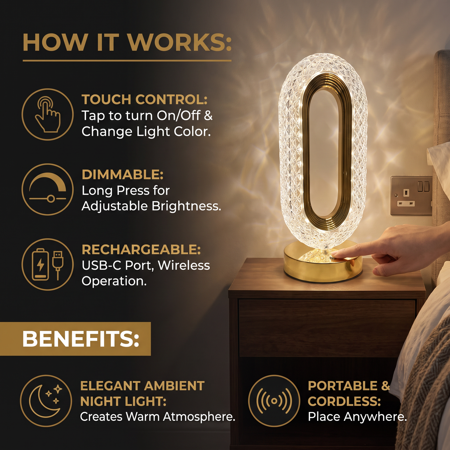 Rechargeable Crystal LED Table Lamp – Elegant Ambient Night Light