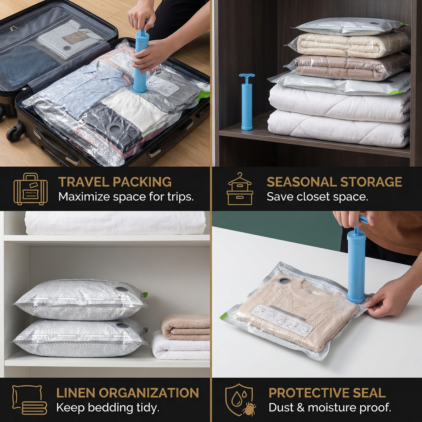 Travel vacuum storage bag set with rechargeable air pump