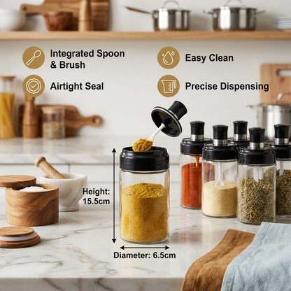 Spice Jar with Spoon & Brush - Practical Kitchen Container with Accessories