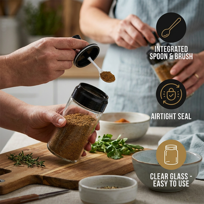 Spice Jar with Spoon & Brush - Practical Kitchen Container with Accessories