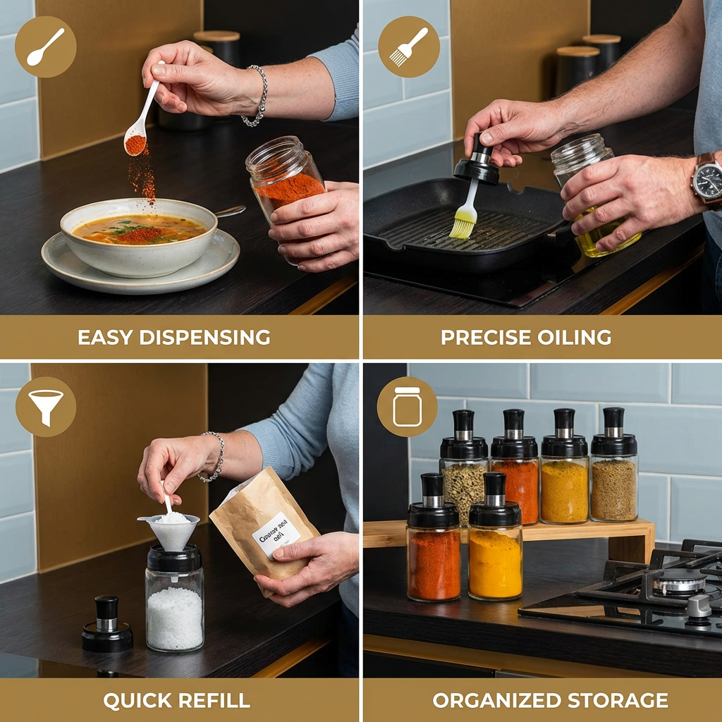 Spice Jar with Spoon & Brush - Practical Kitchen Container with Accessories
