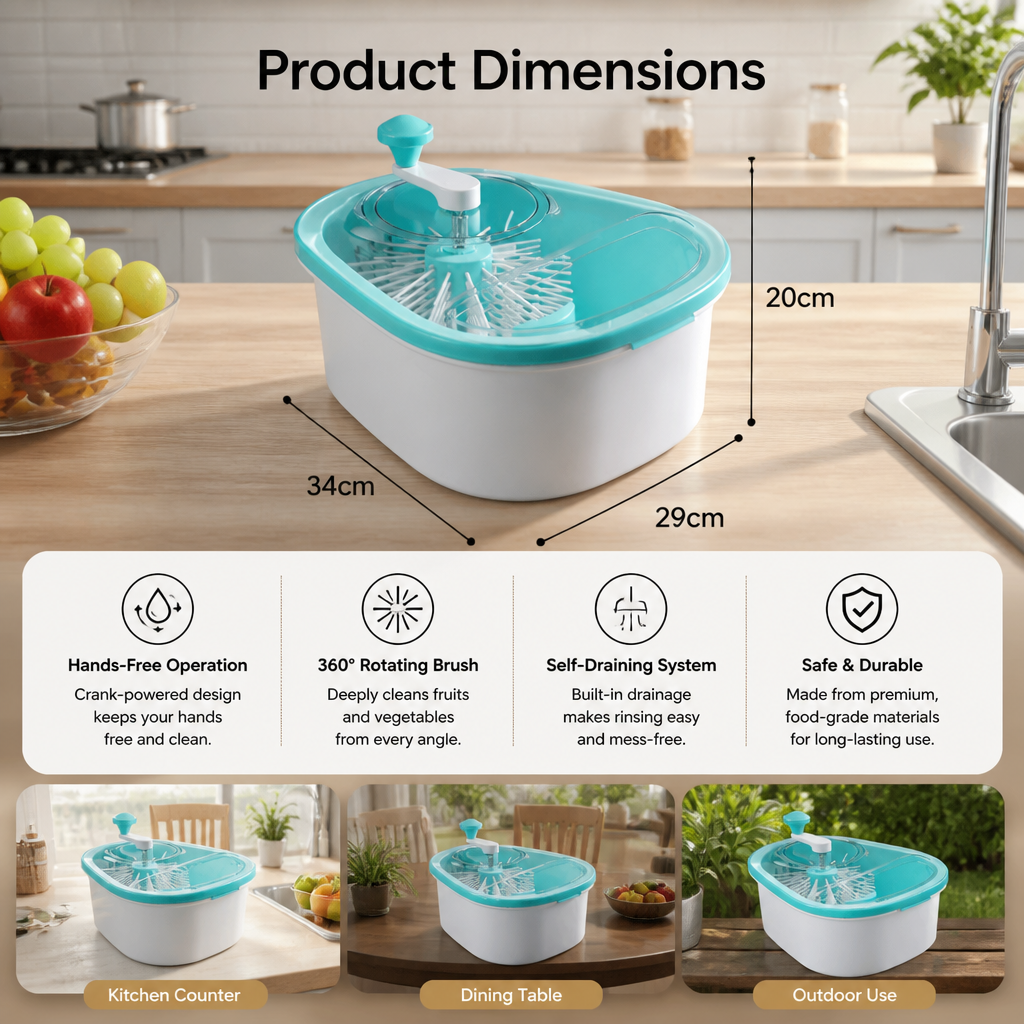 Self Draining Fruit and Vegetable Washing Bowl with Rotating Brush