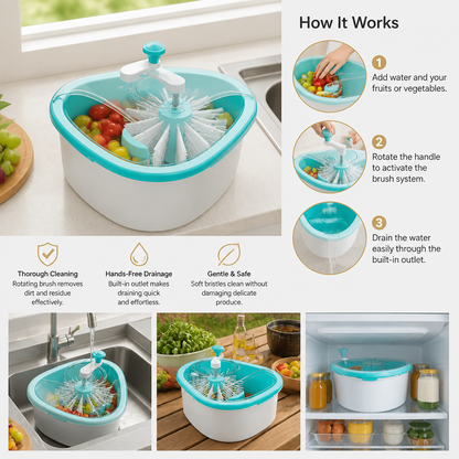 Self Draining Fruit and Vegetable Washing Bowl with Rotating Brush