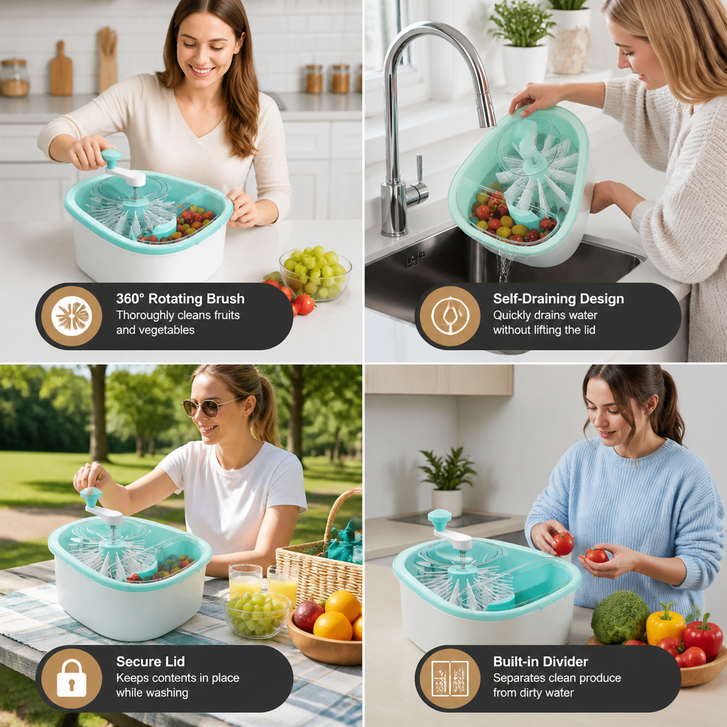 Self Draining Fruit and Vegetable Washing Bowl with Rotating Brush