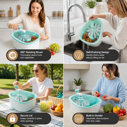 Self Draining Fruit and Vegetable Washing Bowl with Rotating Brush