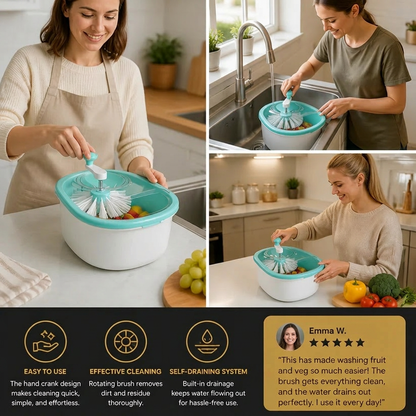 Self Draining Fruit and Vegetable Washing Bowl with Rotating Brush