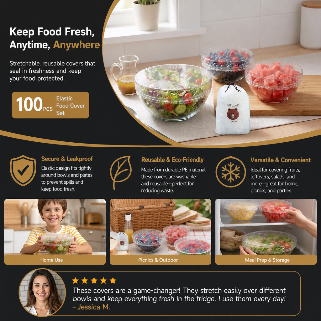 100-Piece Elastic Food Cover Set – Stretch-to-Fit Bowl & Plate Covers