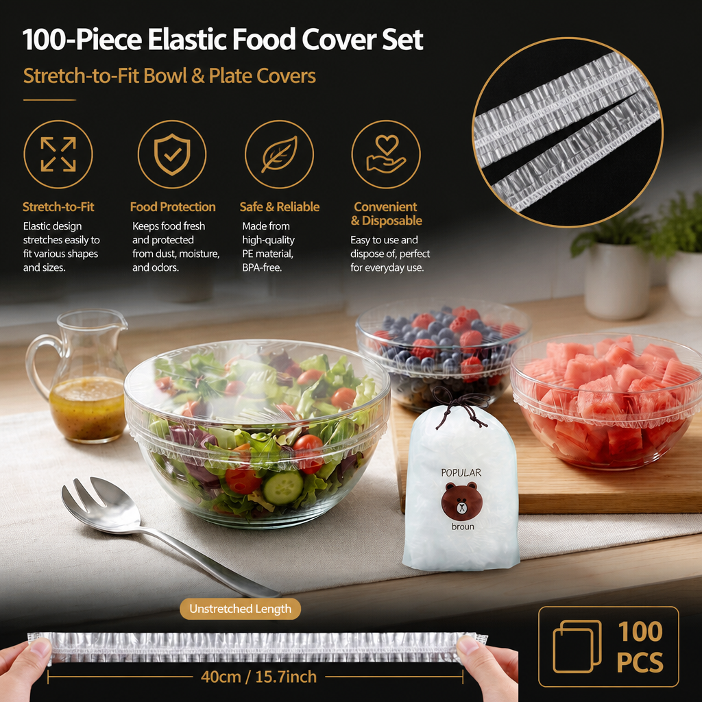 100-Piece Elastic Food Cover Set – Stretch-to-Fit Bowl & Plate Covers