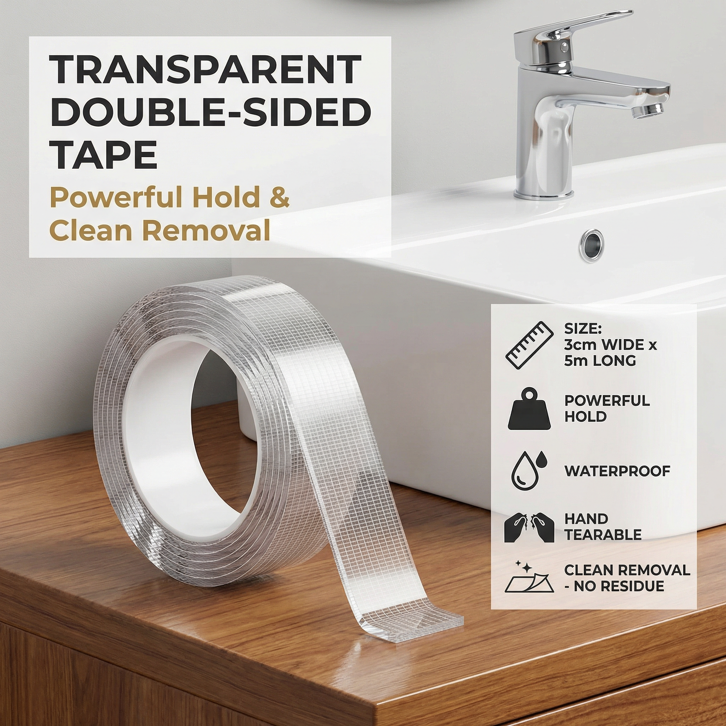 Transparent double-sided tape – powerful hold & clean removal