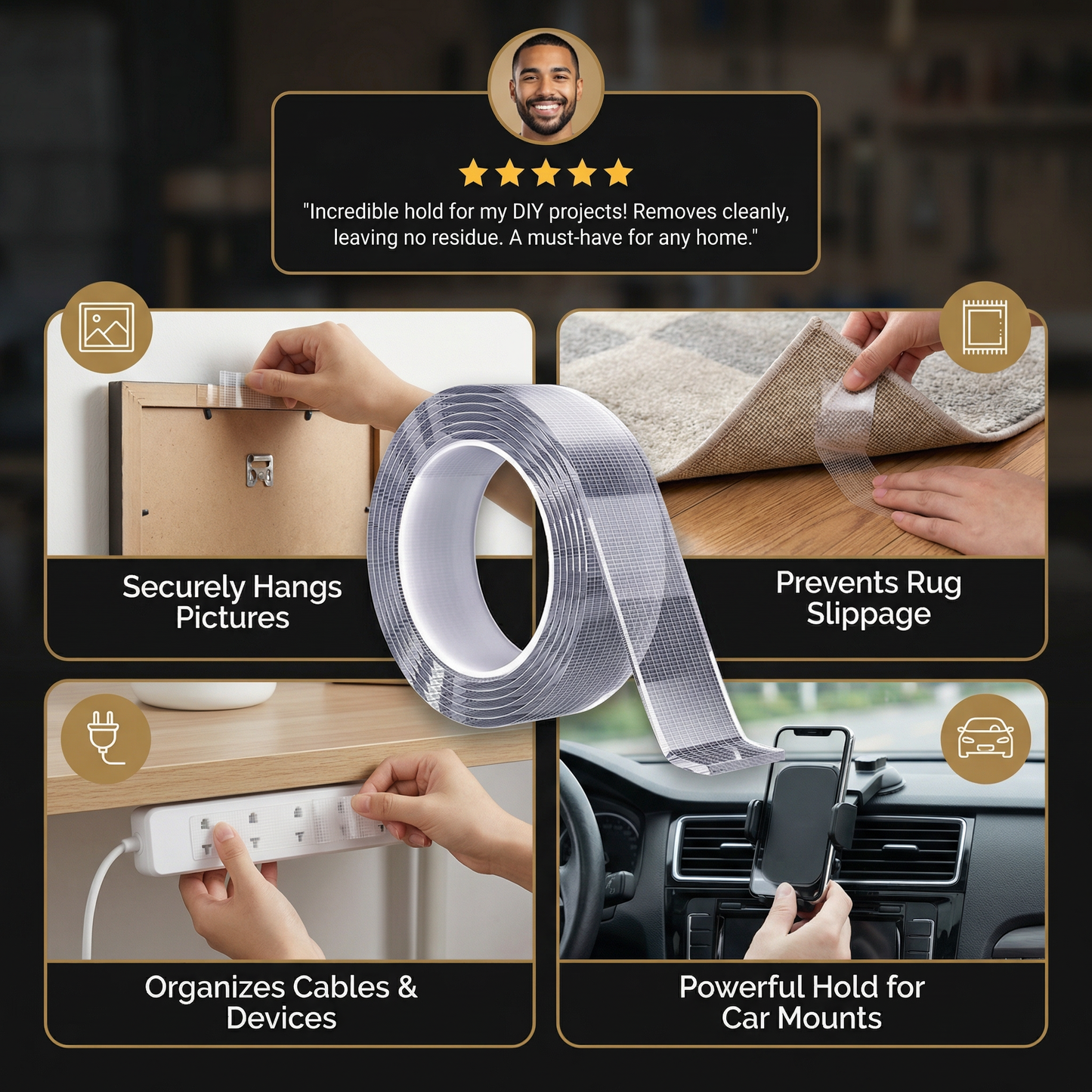 Transparent double-sided tape – powerful hold & clean removal