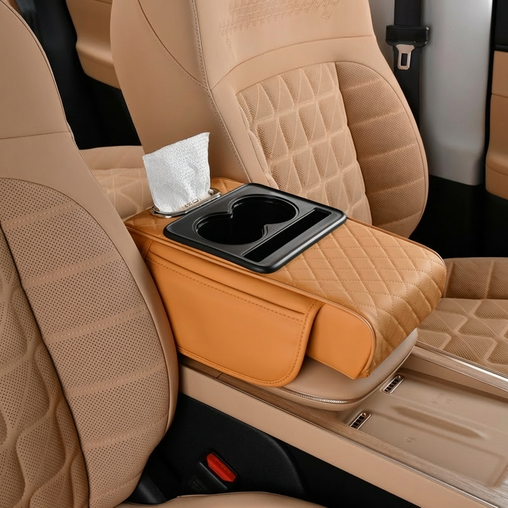 Multifunctional Car Armrest Organizer with Cup Holder & Built-In Storage