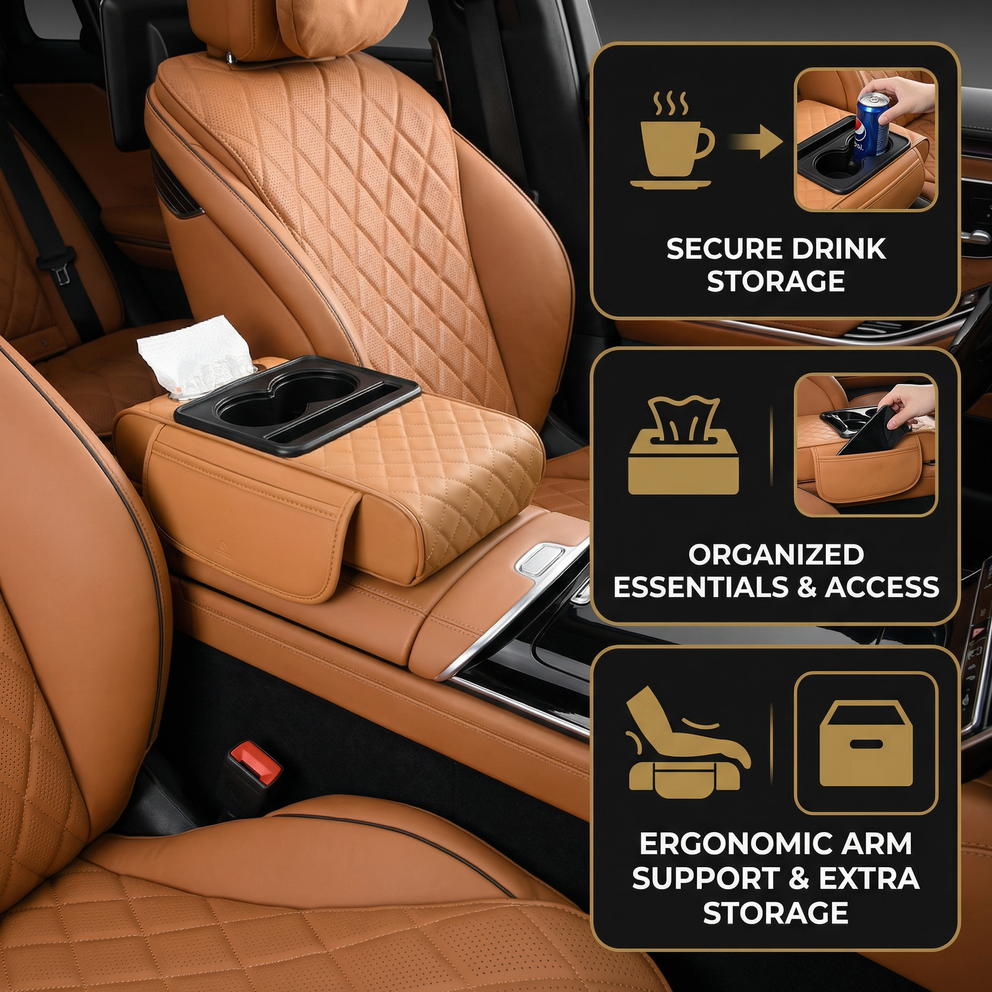Multifunctional Car Armrest Organizer with Cup Holder & Built-In Storage