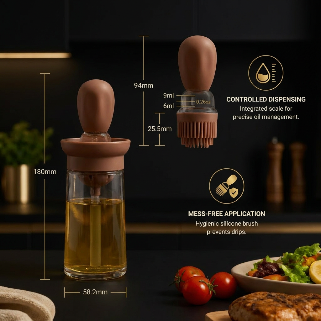 Oil Dispenser with Silicone Brush – Precision Bottle for Cooking, Grilling & Baking