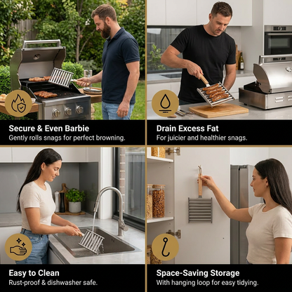 Stainless Steel Sausage Rack – Rollable Grill Holder for Hot Dogs & Sausages