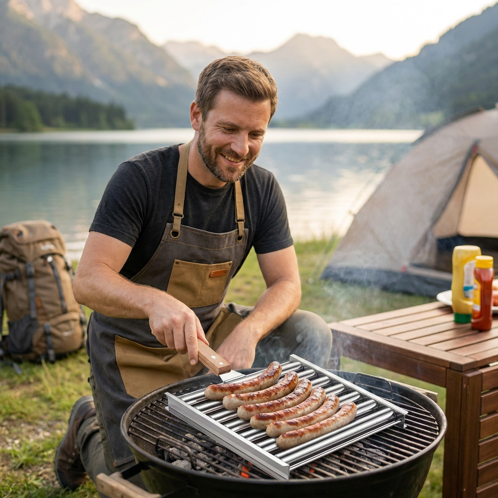 Stainless Steel Sausage Rack – Rollable Grill Holder for Hot Dogs & Sausages
