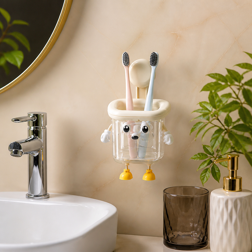 Cute Wall Mounted Toothbrush Holder with Suction Cup for Bathroom Organization