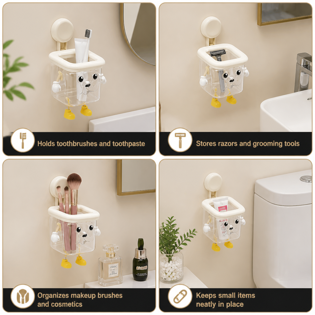 Cute Wall Mounted Toothbrush Holder with Suction Cup for Bathroom Organization