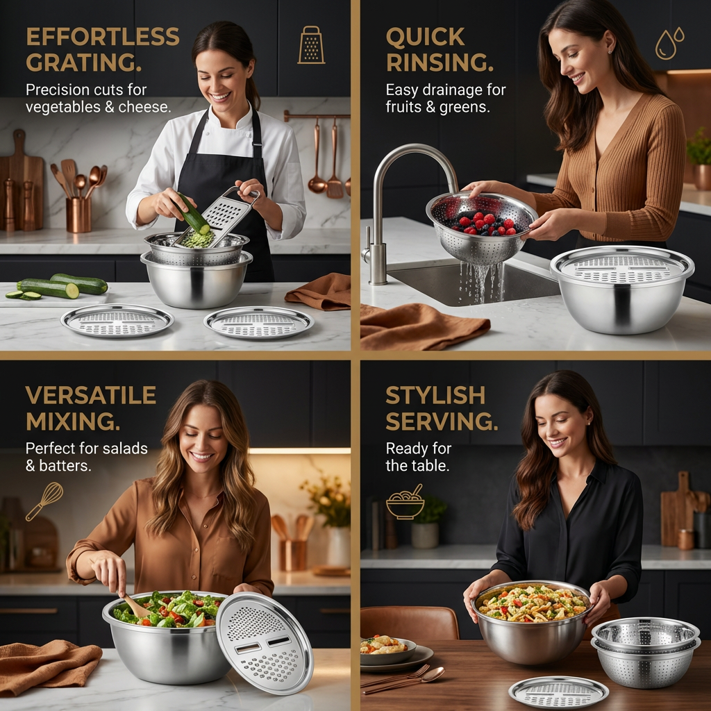 Vegetable Cutter with Grater – Multifunctional Colander and Mixing Bowl Set