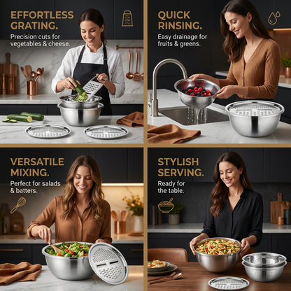 Vegetable Cutter with Grater – Multifunctional Colander and Mixing Bowl Set