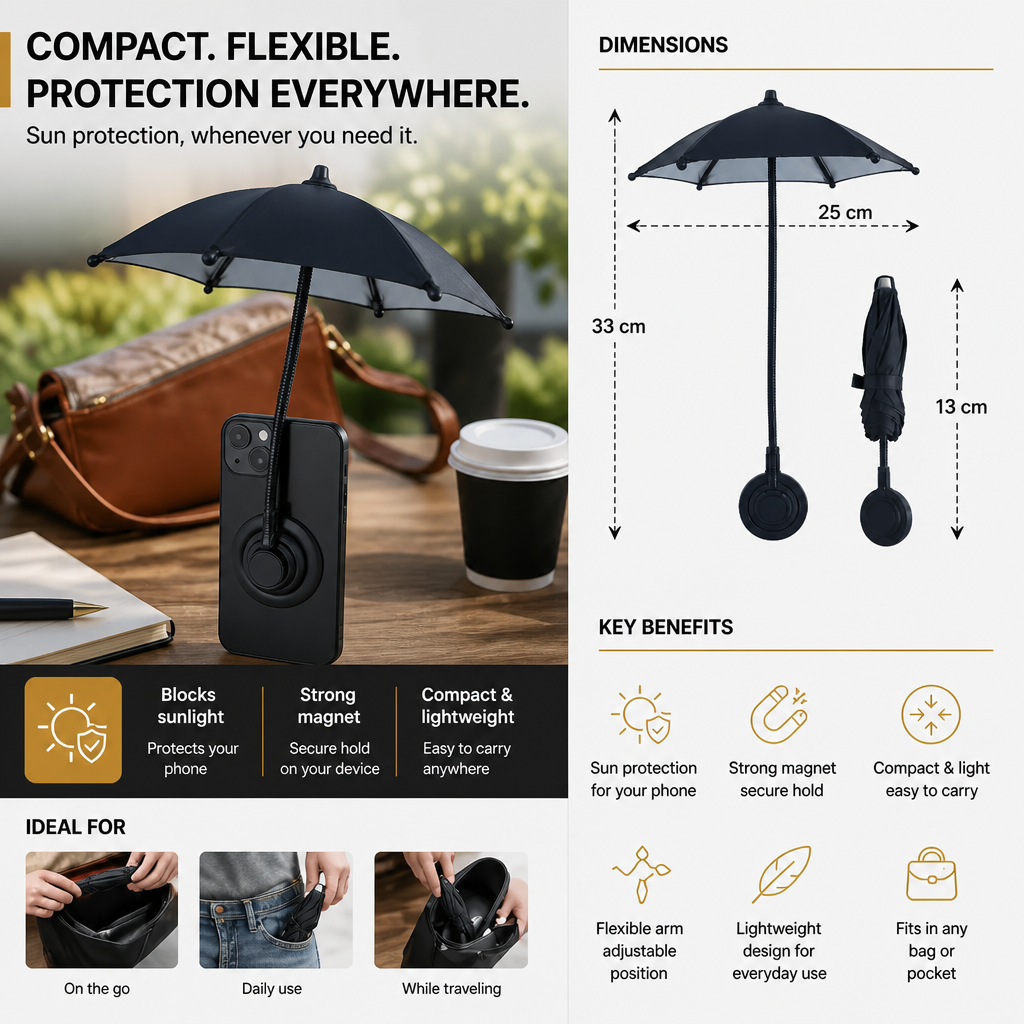Magnetic Mini Phone Sunshade – Extendable Holder for Flexible Sun Protection on the Go