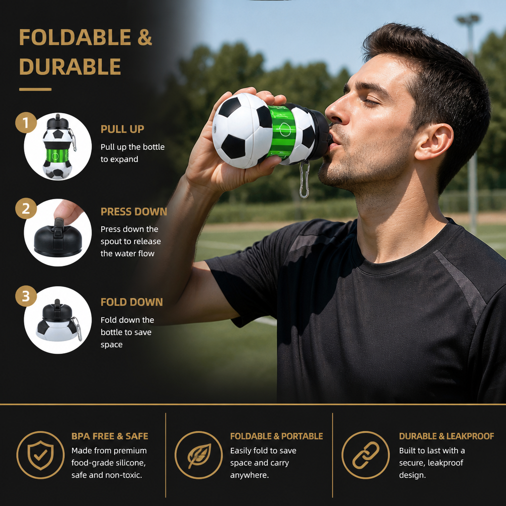 Foldable & Durable Silicone Football Water Bottle