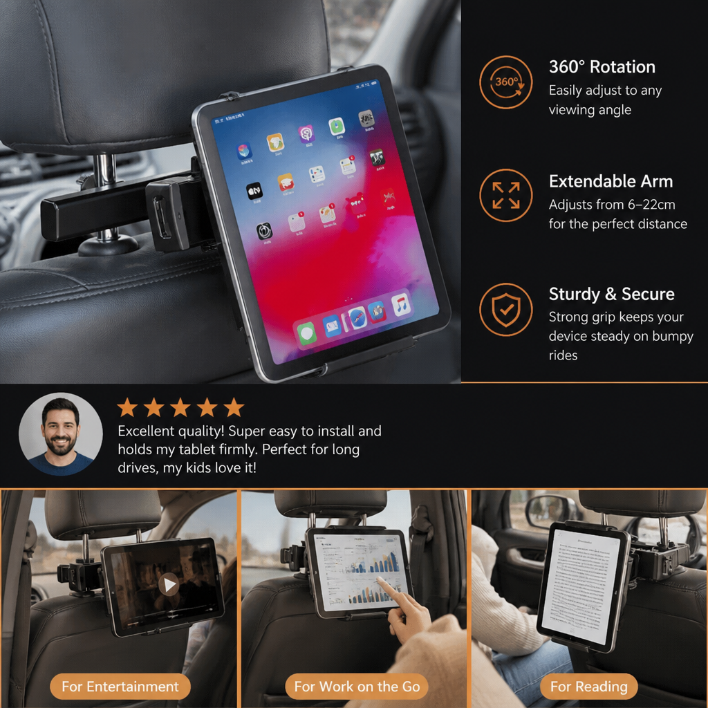 360° Rotating Car Headrest Tablet Holder – Back Seat Mount for Tablets