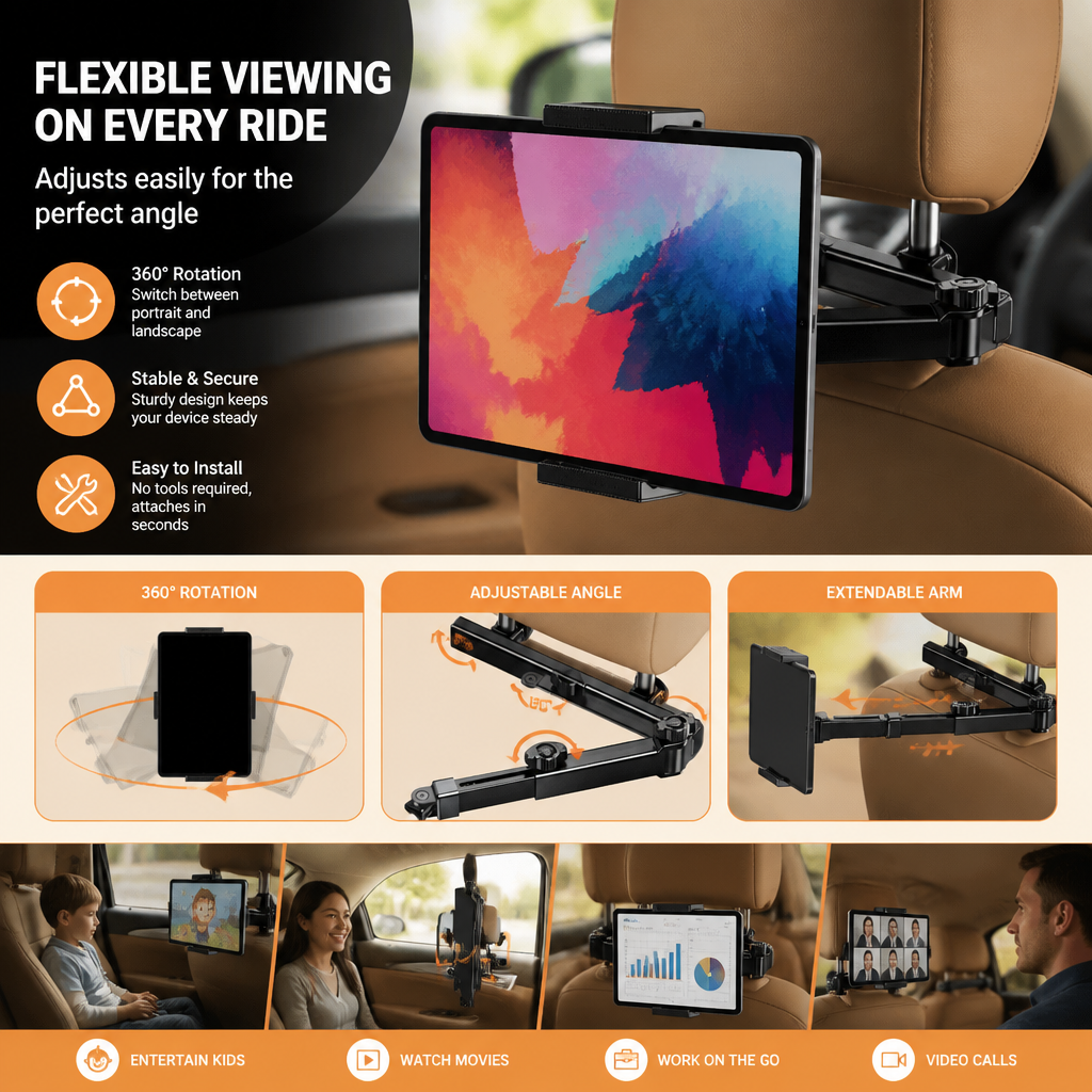 360° Rotating Car Headrest Tablet Holder – Back Seat Mount for Tablets