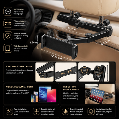 360° Rotating Car Headrest Tablet Holder – Back Seat Mount for Tablets