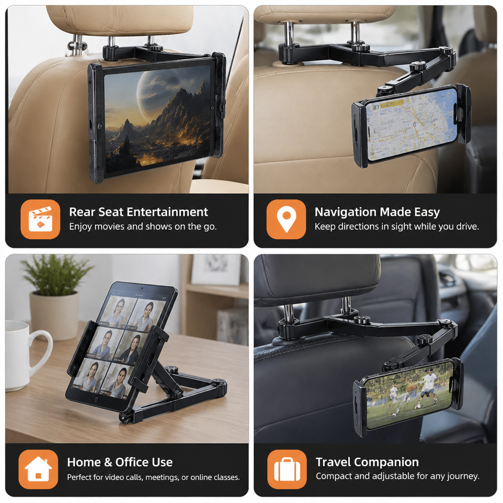 360° Rotating Car Headrest Tablet Holder – Back Seat Mount for Tablets