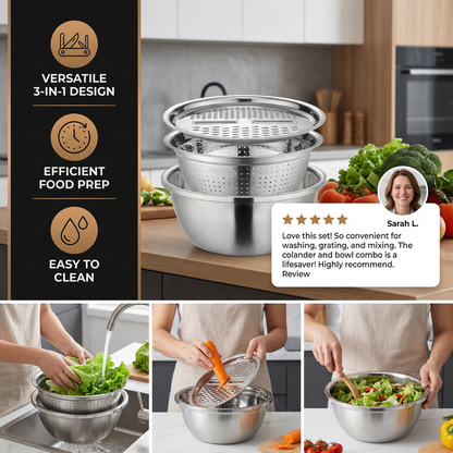 Vegetable Cutter with Grater – Multifunctional Colander and Mixing Bowl Set