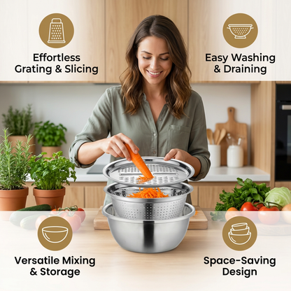 Vegetable Cutter with Grater – Multifunctional Colander and Mixing Bowl Set