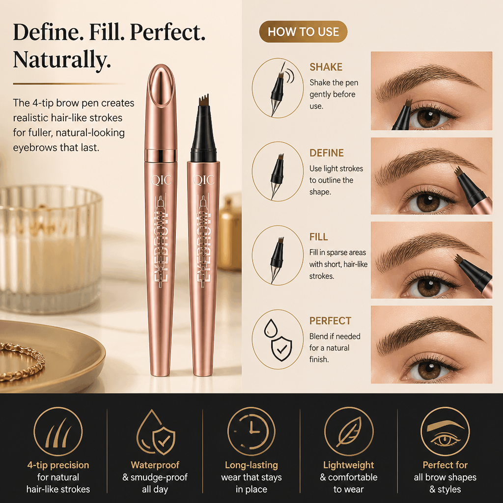 3D Natural-Looking Brow Pen – Waterproof 4-Tip Eyebrow Pencil