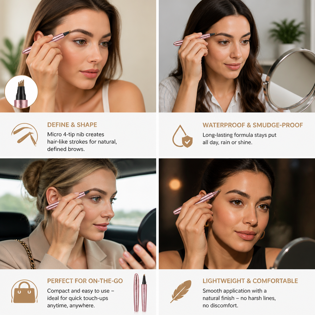 3D Natural-Looking Brow Pen – Waterproof 4-Tip Eyebrow Pencil