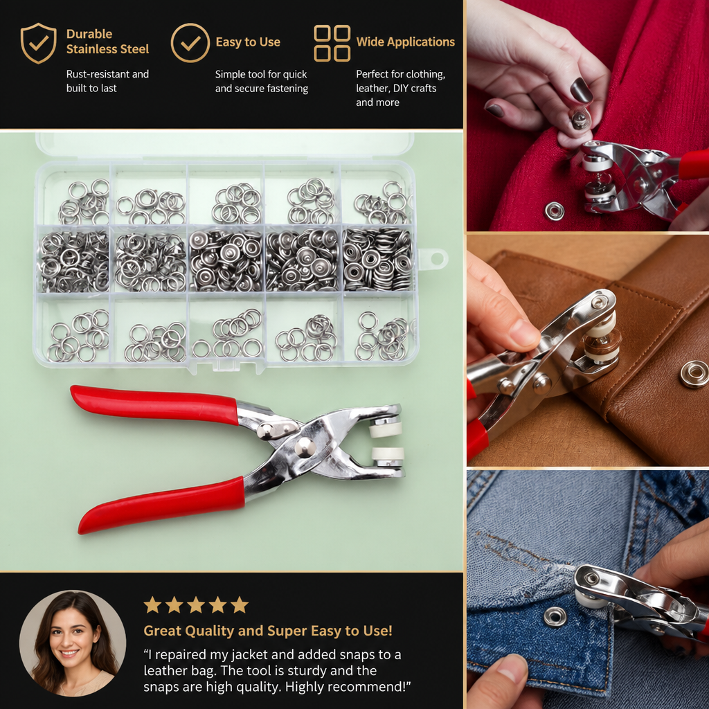 Stainless Steel Snap Fastener Tool Kit – Metal Button Repair Set for Clothing, Leather & Crafts