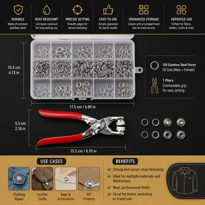 Stainless Steel Snap Fastener Tool Kit – Metal Button Repair Set for Clothing, Leather & Crafts
