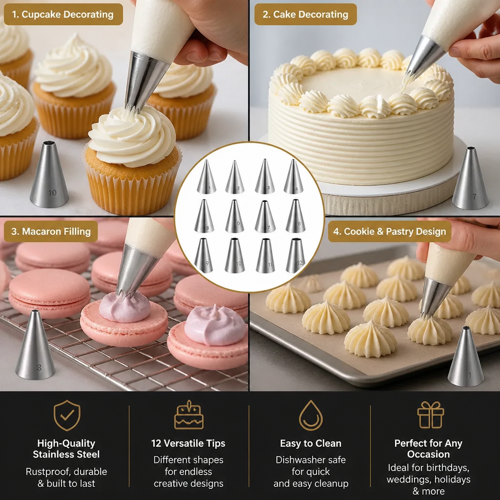 12-Piece Piping Tip Set – Precision Decorating for Cakes, Cupcakes & Macarons