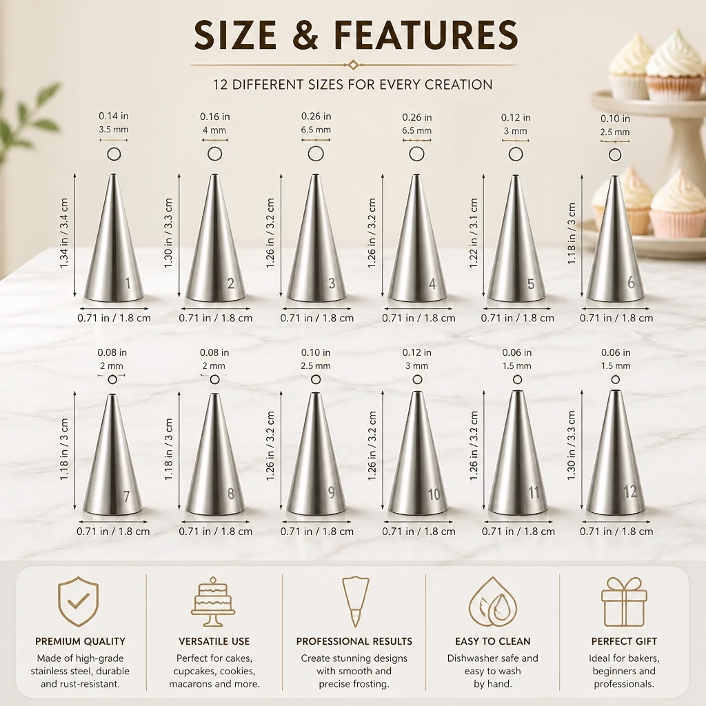 12-Piece Piping Tip Set – Precision Decorating for Cakes, Cupcakes & Macarons