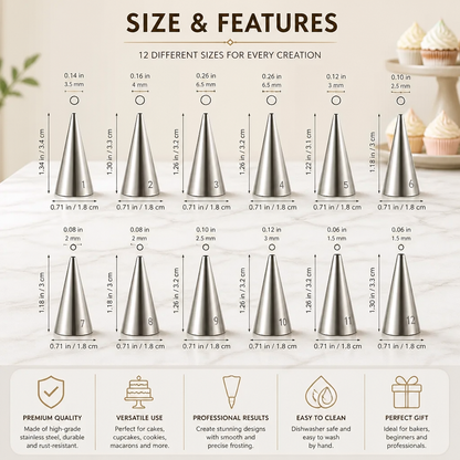 12-Piece Piping Tip Set – Precision Decorating for Cakes, Cupcakes & Macarons