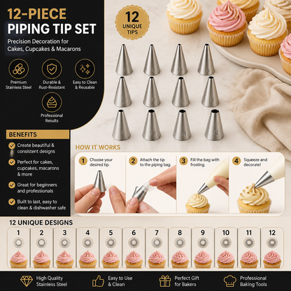 12-Piece Piping Tip Set – Precision Decorating for Cakes, Cupcakes & Macarons