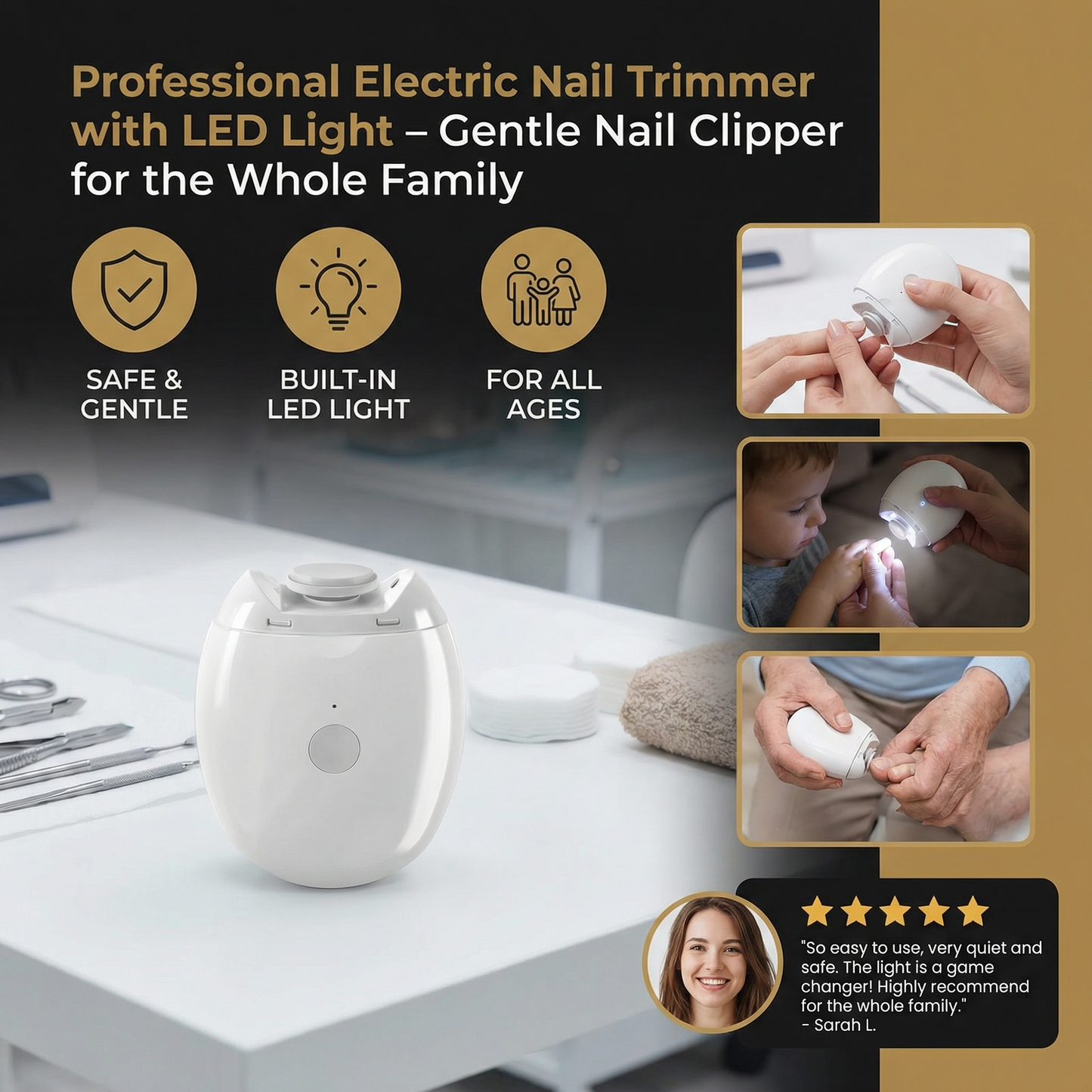 Professional Electric Nail Trimmer with LED Light – Gentle Nail Clipper for the Whole Family