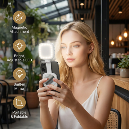Magnetic LED Selfie & Beauty Light for Smartphones – Foldable, Portable with Mirror