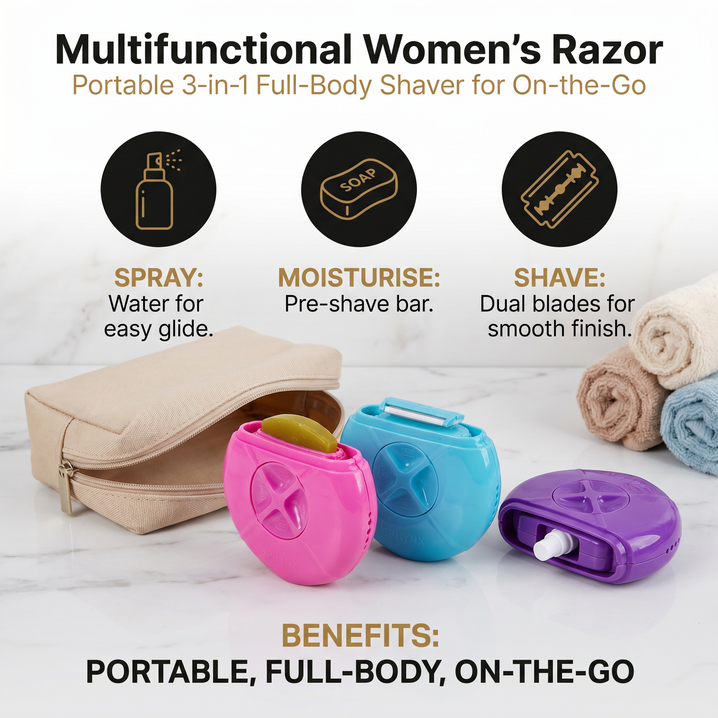 Multifunctional Women’s Razor – Portable 3-in-1 Full-Body Shaver for On-the-Go