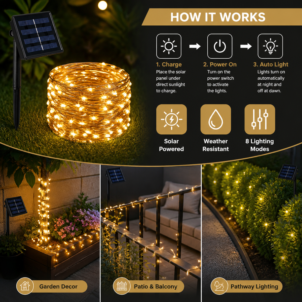 Solar Outdoor String Lights with LEDs & 8 Lighting Modes
