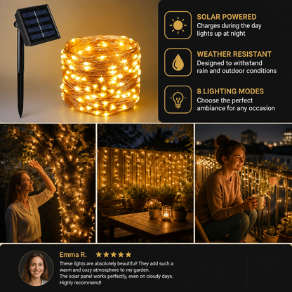 Solar Outdoor String Lights with LEDs & 8 Lighting Modes