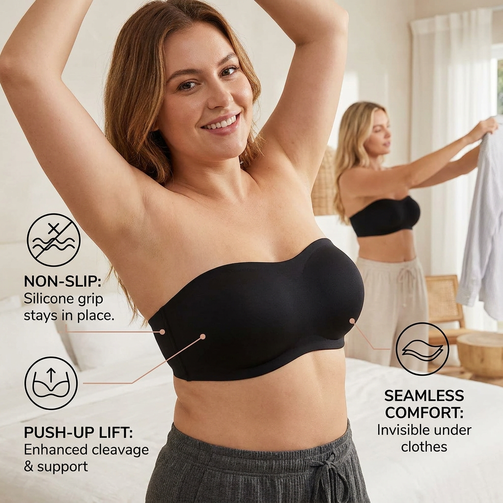 Strapless Bandeau Push-Up Bra – Non-Slip, Supportive & Seamless for Maximum Hold