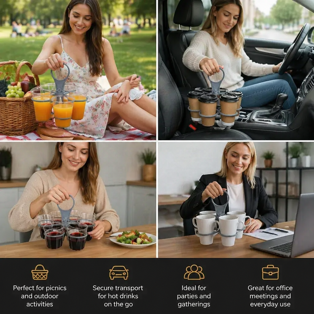 Foldable, Rotating Cup Holder – with 6 slots for glasses & cups, ideal for on the go
