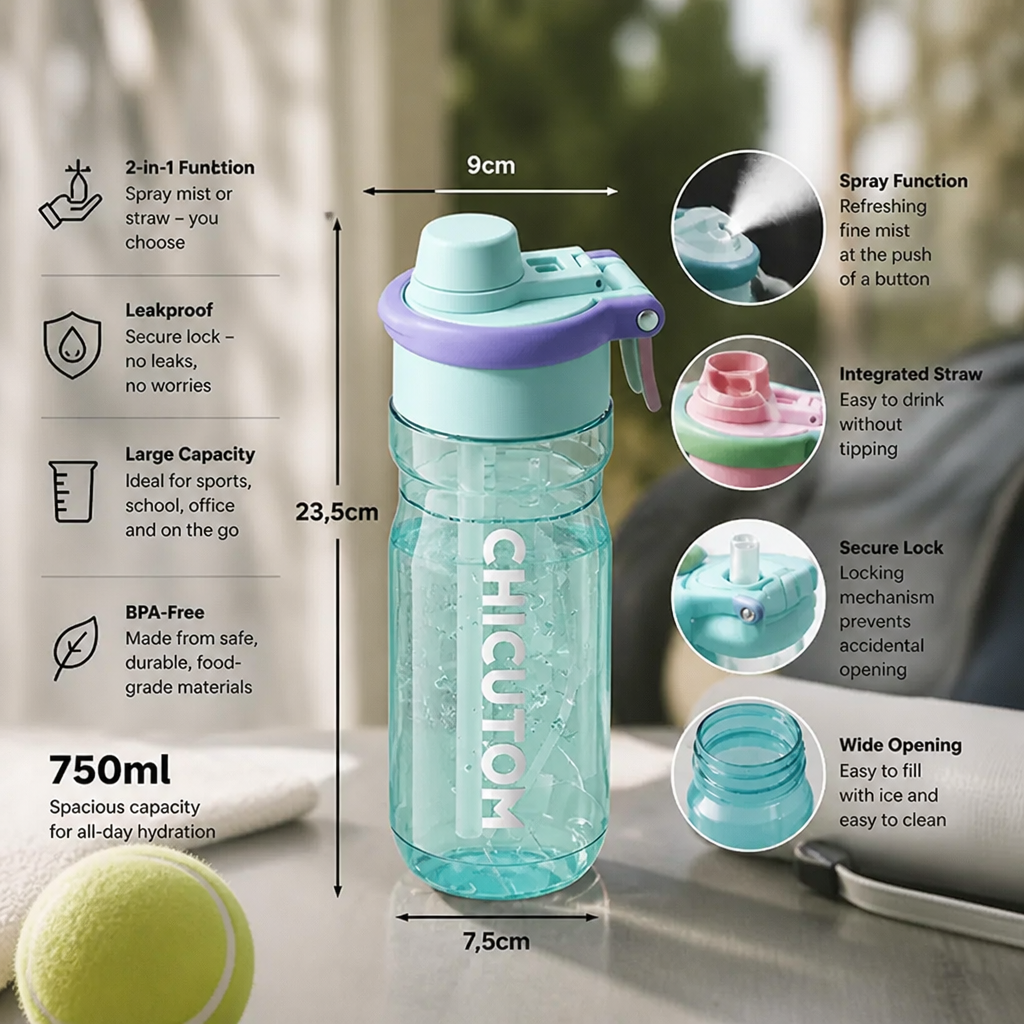 2-in-1 Sports Water Bottle with Spray Function & Straw – Large Capacity