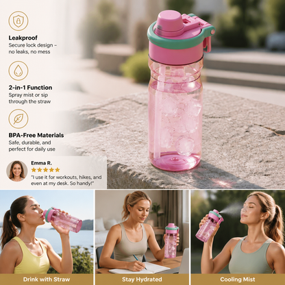 2-in-1 Sports Water Bottle with Spray Function & Straw – Large Capacity