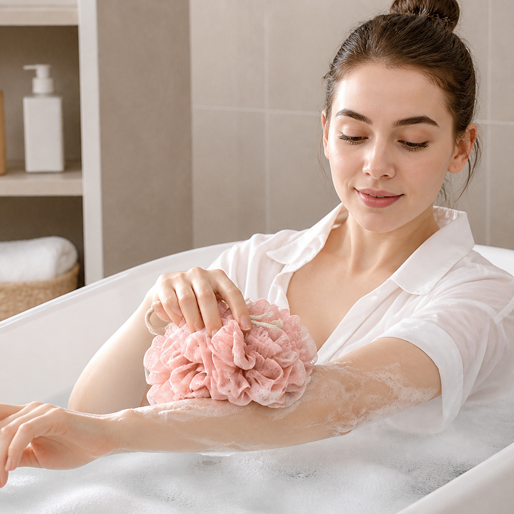 Practical bath sponge with drawstring – for extra foam and gentle skin cleansing
