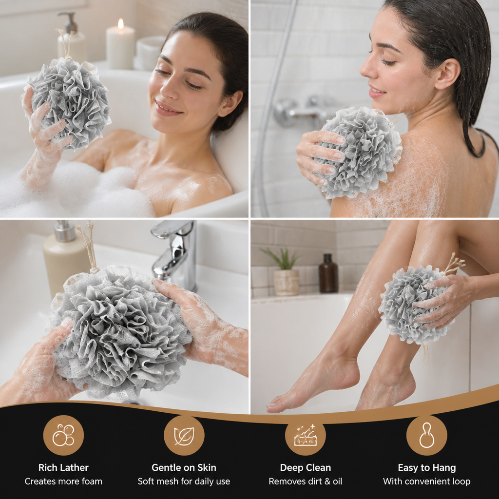 Practical bath sponge with drawstring – for extra foam and gentle skin cleansing